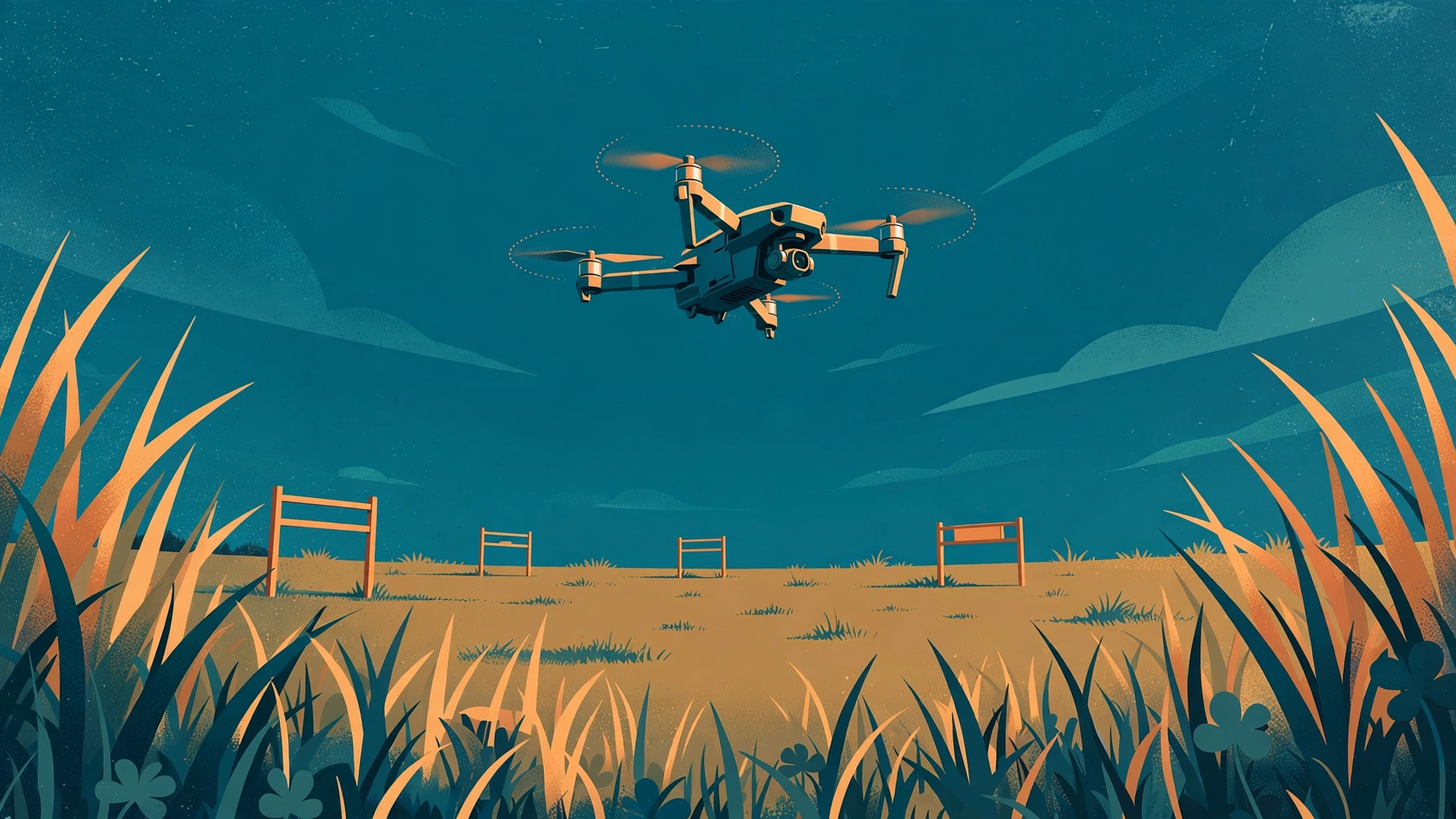 草原のゲートコース上空を飛ぶクアッドコプターのイラスト